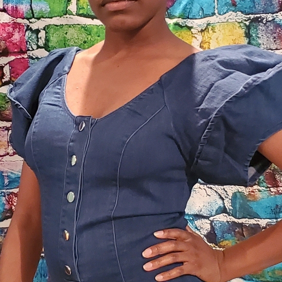 Taffycat's Boutique Tops - Puff Sleeve Denim Bodysuit